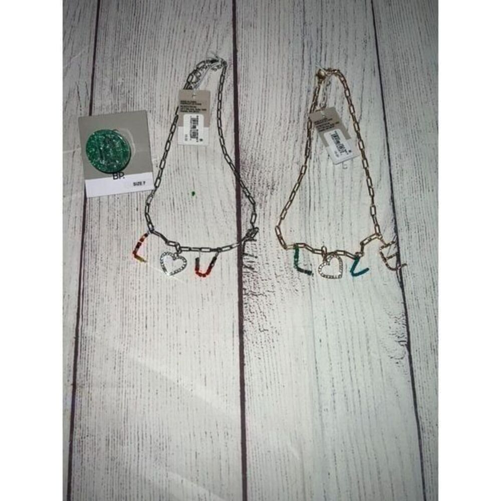 BP. 3 Piece Fashion Jewelry, Silver & Gold Necklaces Green Chunky Ring
